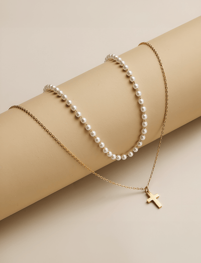Elegante Kreuz-Perlen Halskette 24K
